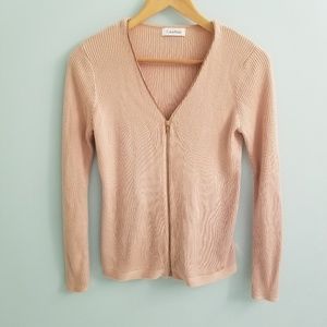 Calvin Klein Ribbed Knit Front Zip Blush Cardigan